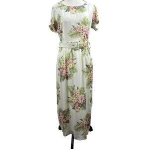 Vintage Montefiore Sz 10 USA Cream Floral Side button Slit Belted Sheath Dress